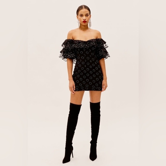 For Love & Lemons Mini Dress Off Shoulder Adella Party Dress in Black Polka Dot - Picture 3 of 13